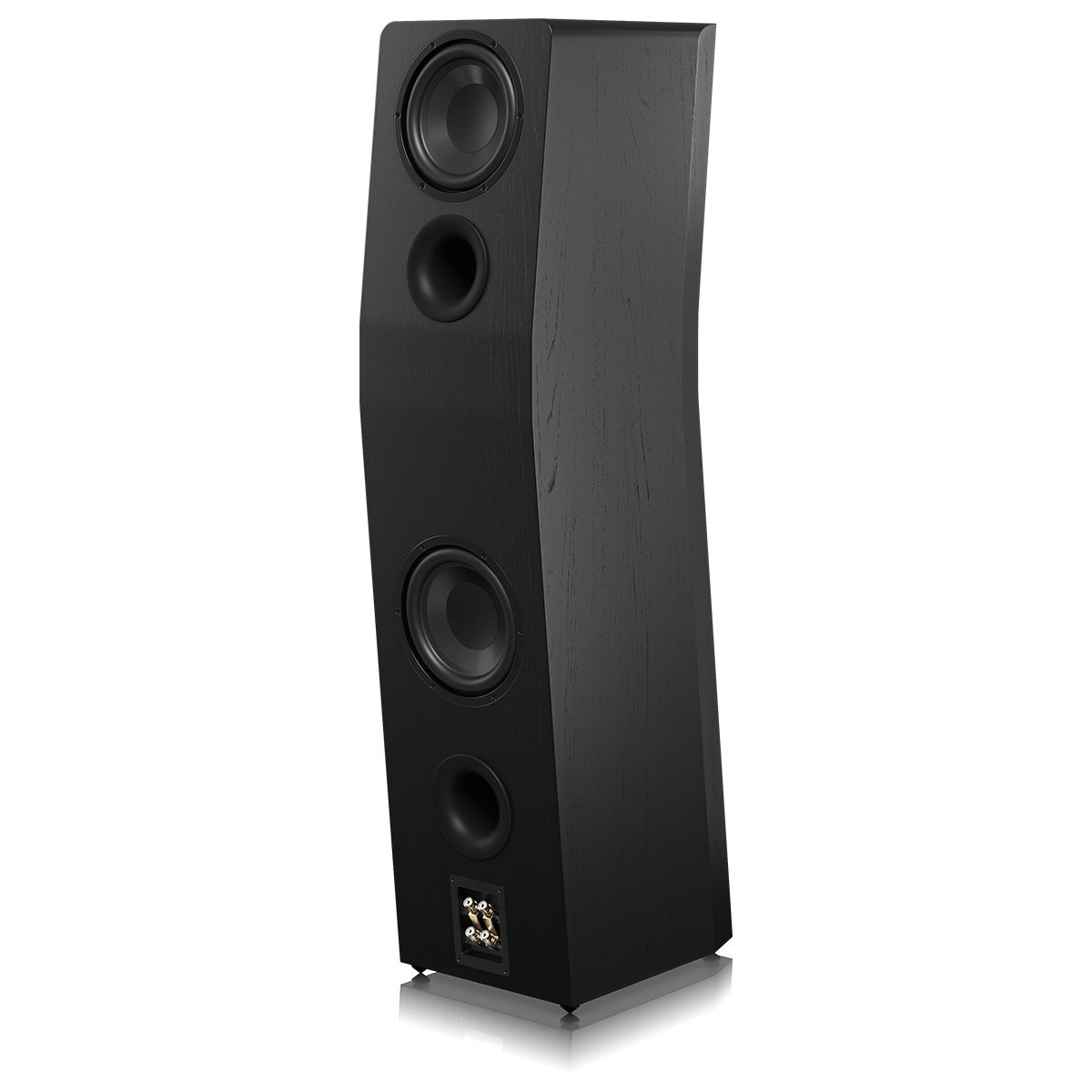 SVS Ultra Evolution Pinnacle Floorstanding Loudspeaker - single black oak with grille - angled rear view with components