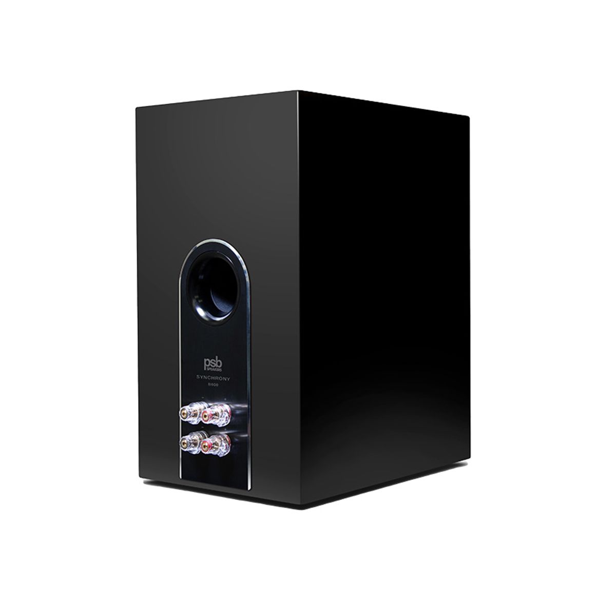 PSB Synchrony B600 Premium Bookshelf Speaker - single gloss black - angled rear view