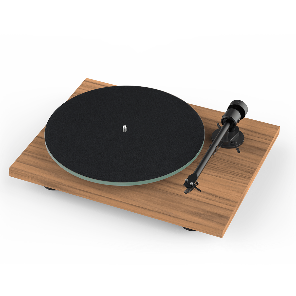 Pro-Ject T1 Phono BT Turntable, Satin Walnut, front angle with felt mat