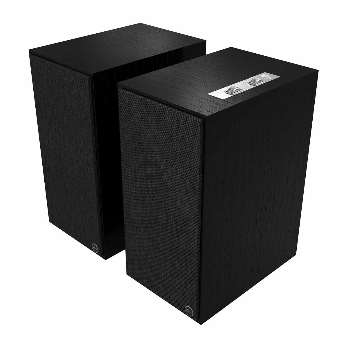Klipsch The Nines Powered Speakers - Pair - black angled front view with grille