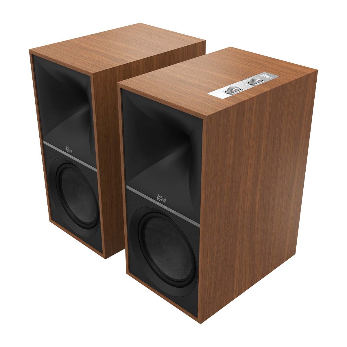 Klipsch The Nines Powered Speakers - Pair - walnut angled front view without grille