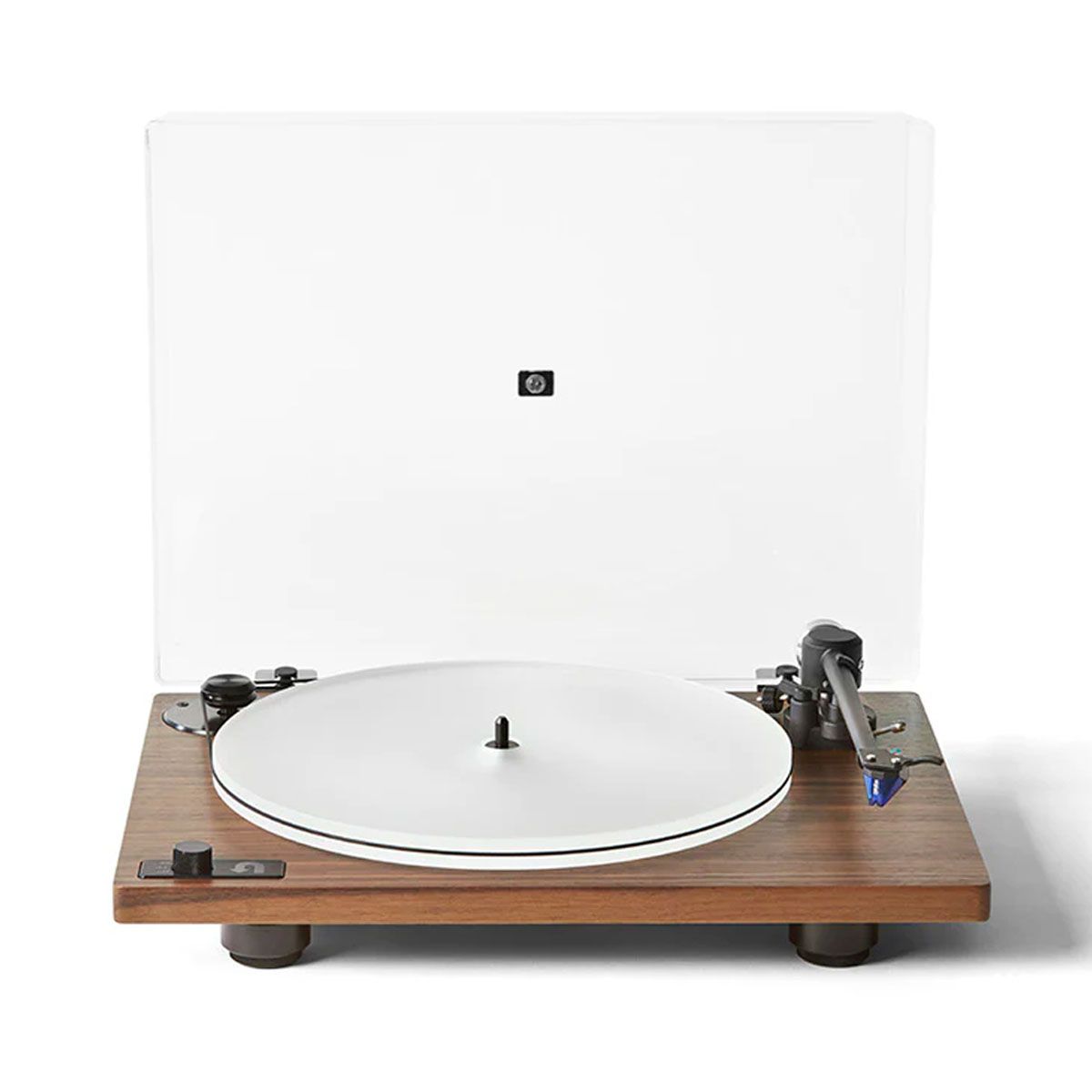 U-Turn Orbit Theory Turntable - Rift Walnut front view with dustcover open