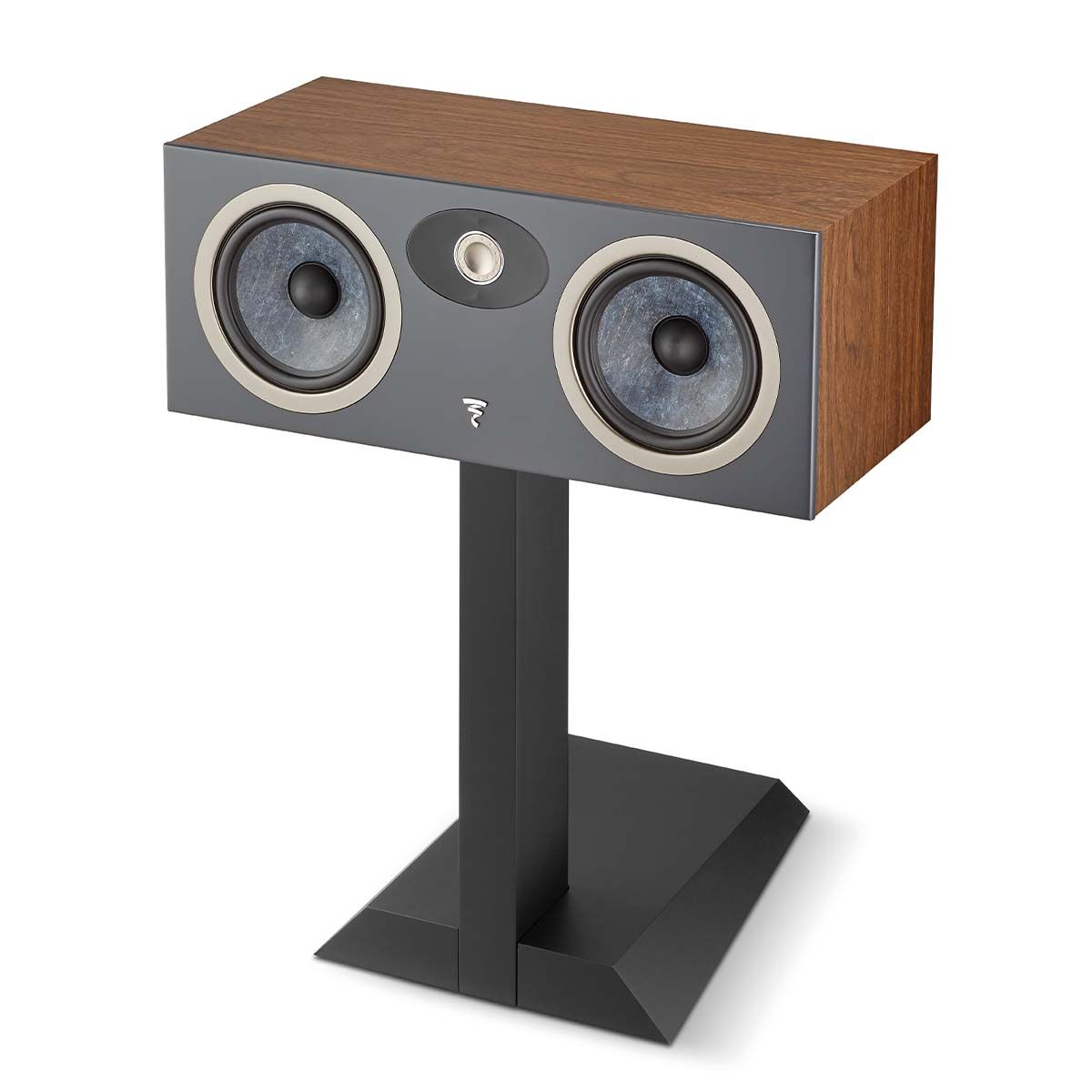 Focal Theva Center Channel Speaker - Dark Wood - Each - angled front right view on stand without grille
