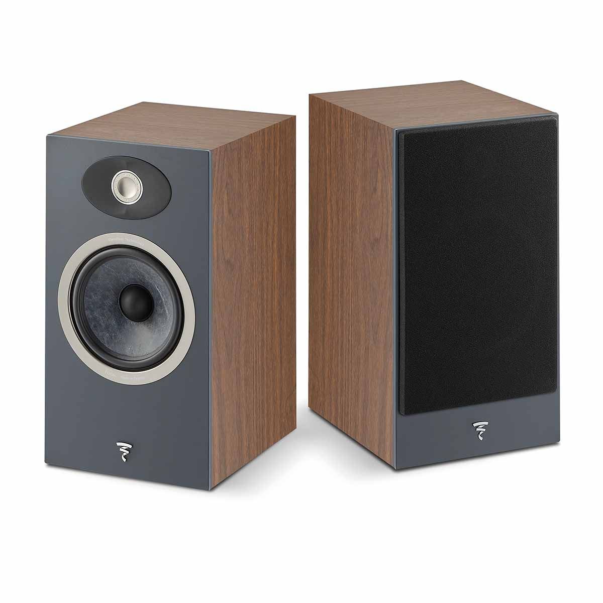Focal Theva No1 Bookshelf Speakers - Pair - view of dark wood pair, one with grille, one without grille