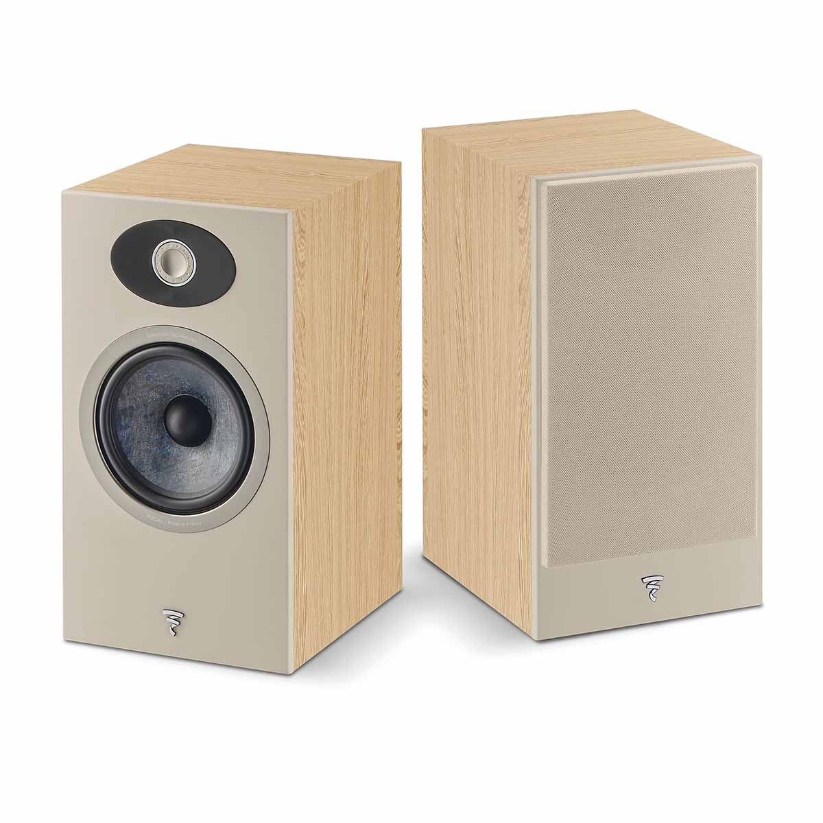 Focal Theva No1 Bookshelf Speakers - Pair - view of light wood pair, one with grille, one without grille