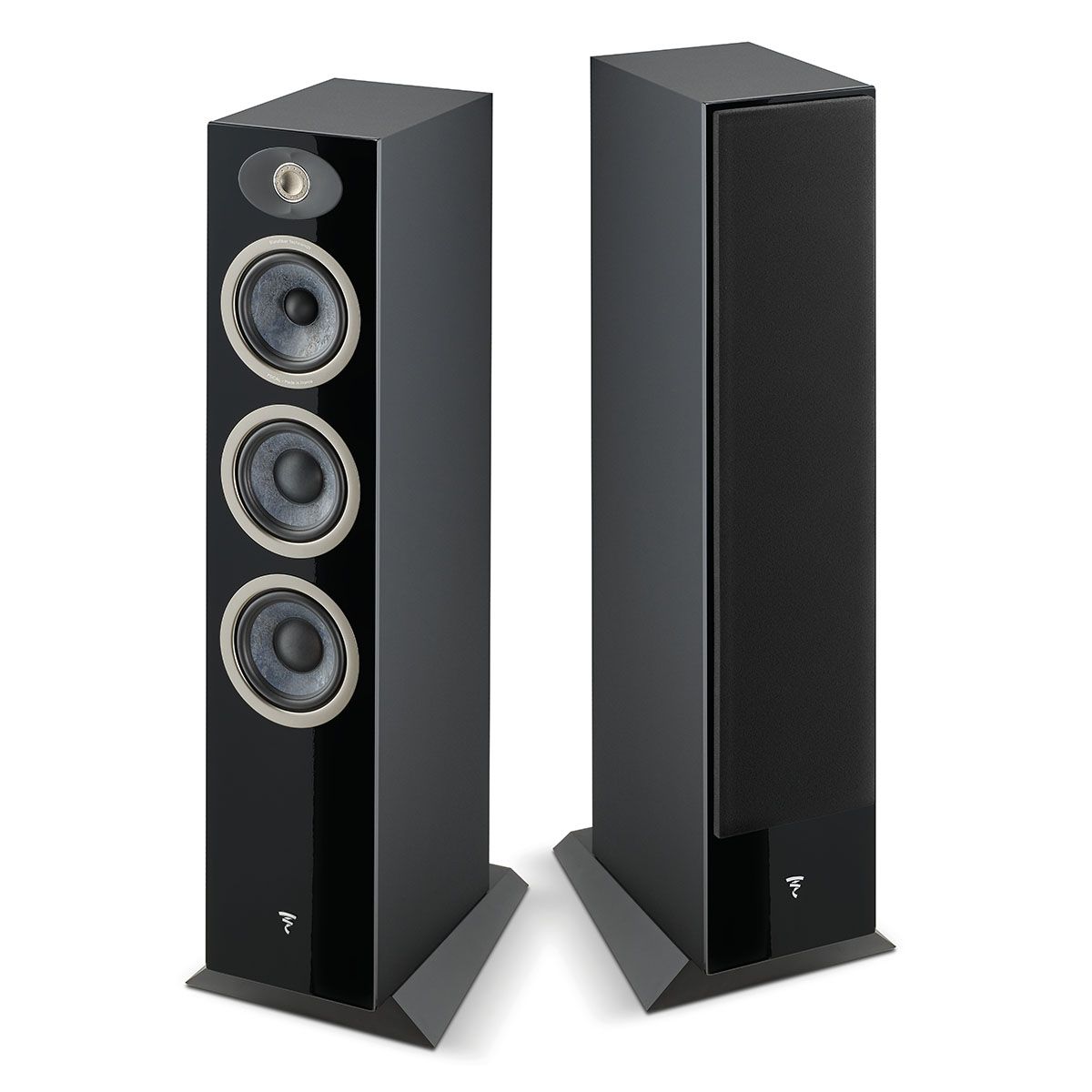 Focal Theva No2 Floorstanding Speaker - Each - view of black pair, one with grille, one without grille