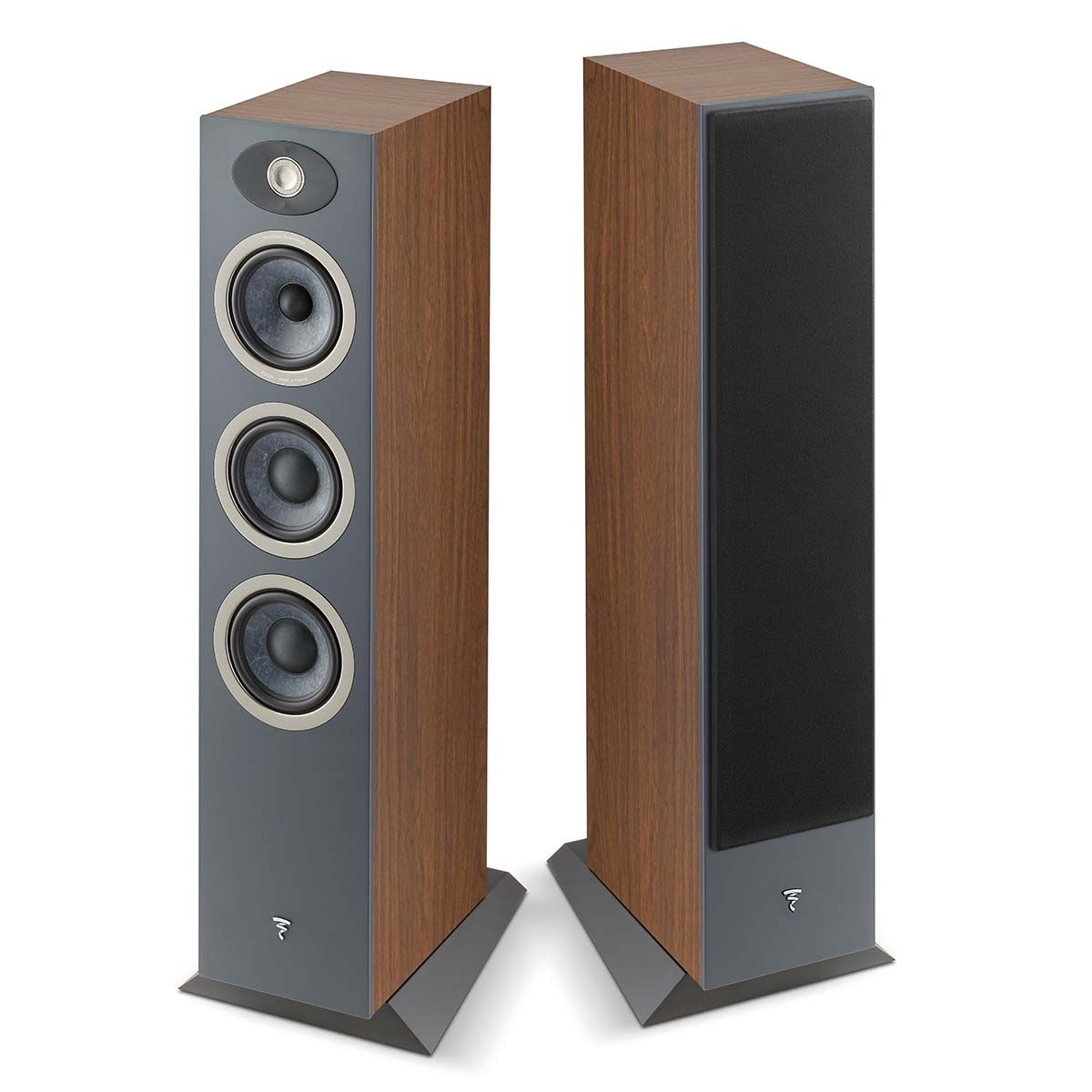 Focal Theva No2 Floorstanding Speaker - Each - view of dark wood pair, one with grille, one without grille