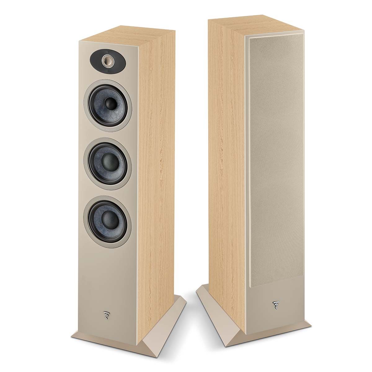 Focal Theva No2 Floorstanding Speaker - Each - view of light wood pair, one with grille, one without grille