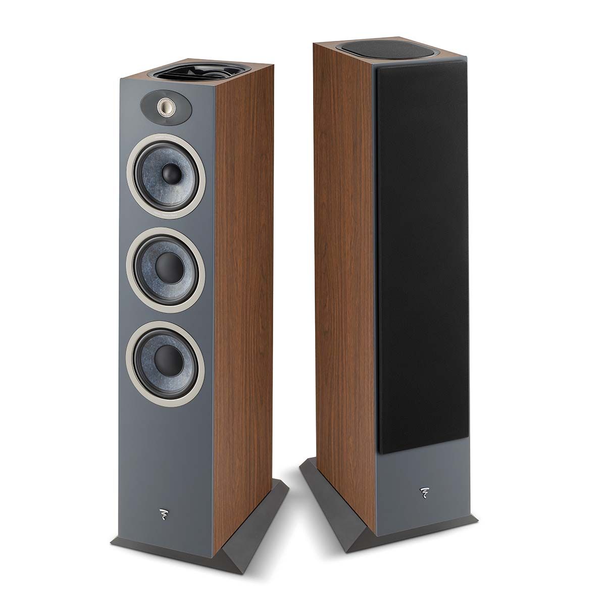 Focal Theva No3-D Floorstanding Speaker - Dark Wood - Each - view of pair, one with grilles, one without grilles
