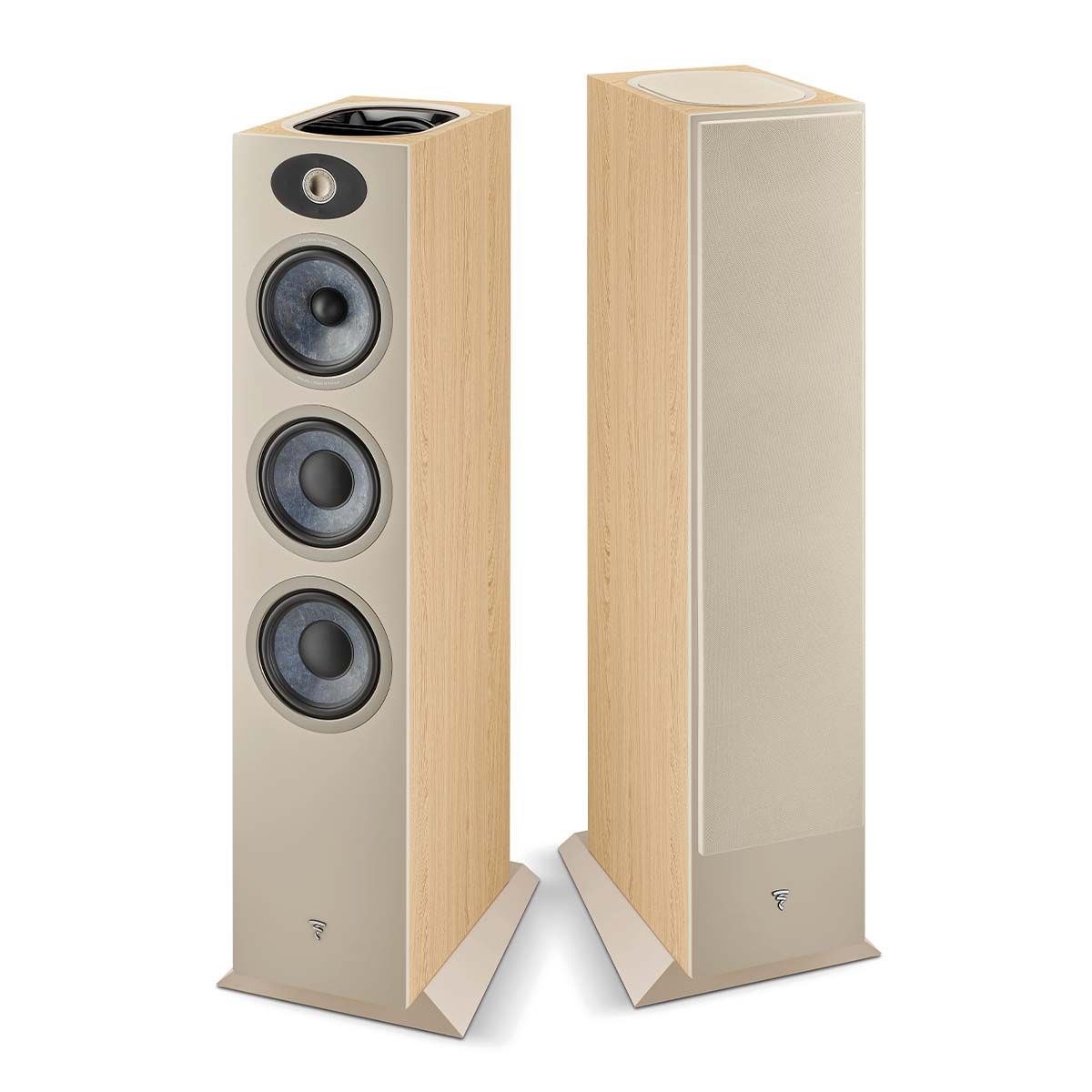 Focal Theva No3-D Floorstanding Speaker - Light Wood - Each - view of pair, one with grilles, one without grilles