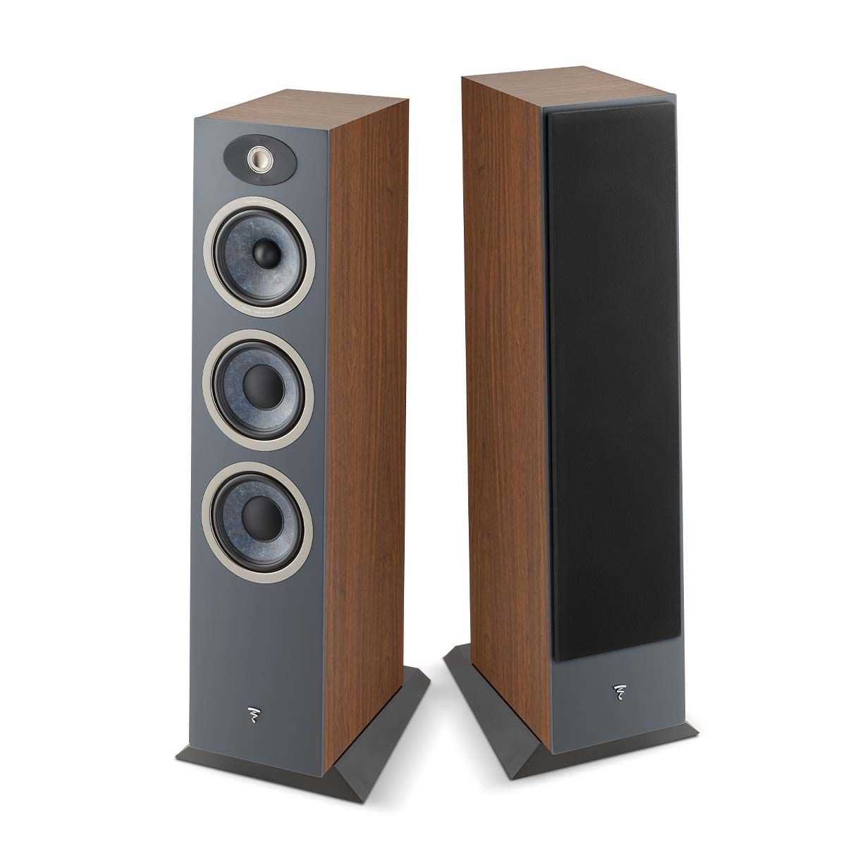 Focal Theva No3 Floorstanding Speaker - Dark Wood - Each - view of pair, one with grille, one without grille