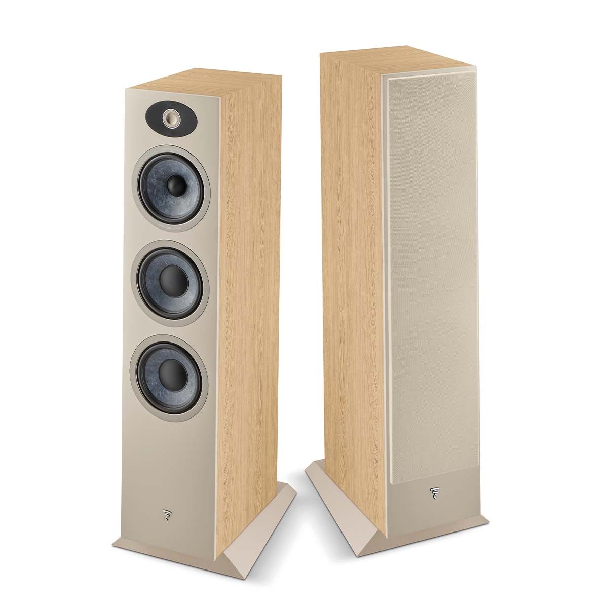 Focal Theva No3 Floorstanding Speaker - Light Wood - Each - view of pair, one with grille, one without grille