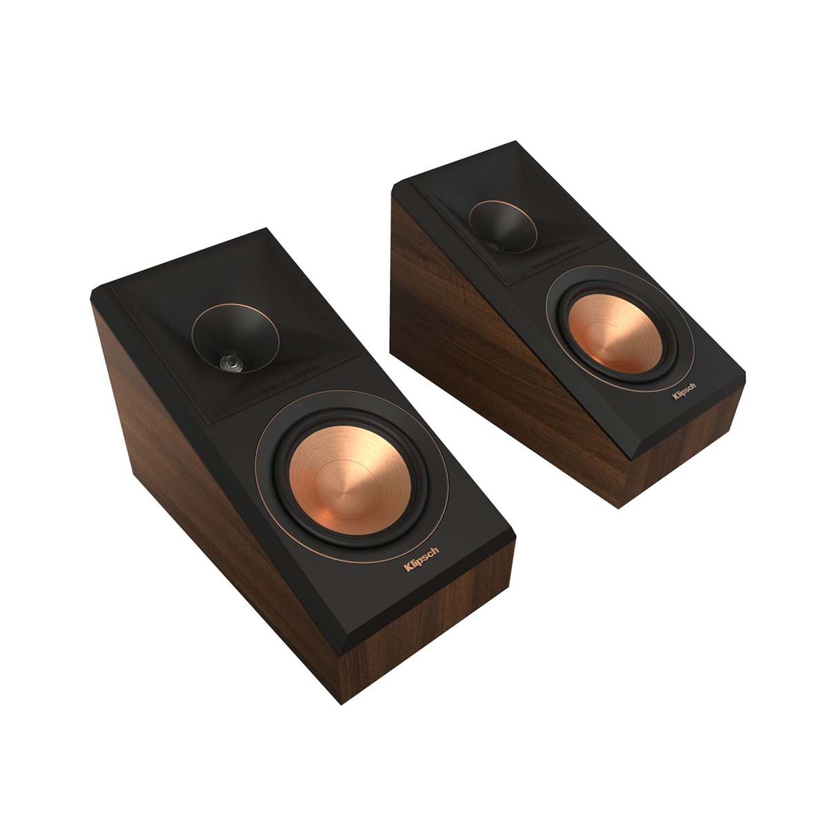 Klipsch RP-500SA II Surround/Atmos Speakers - Walnut - Pair - angled front view of pair without grills