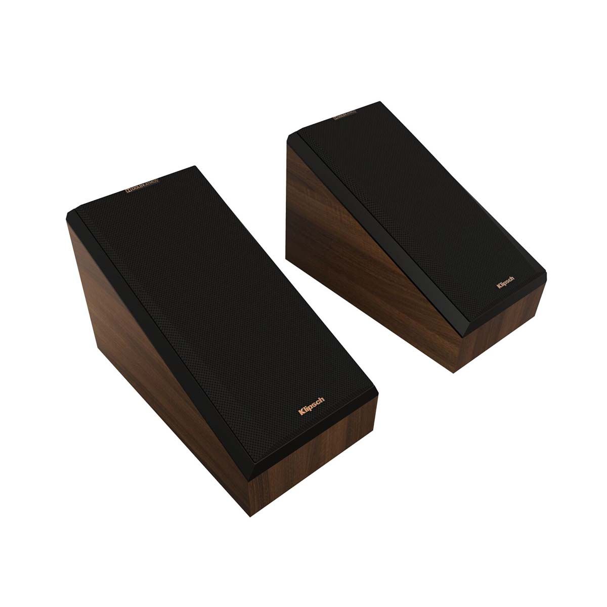 Klipsch RP-500SA II Surround/Atmos Speakers - Walnut - Pair - angled top view of pair with grills