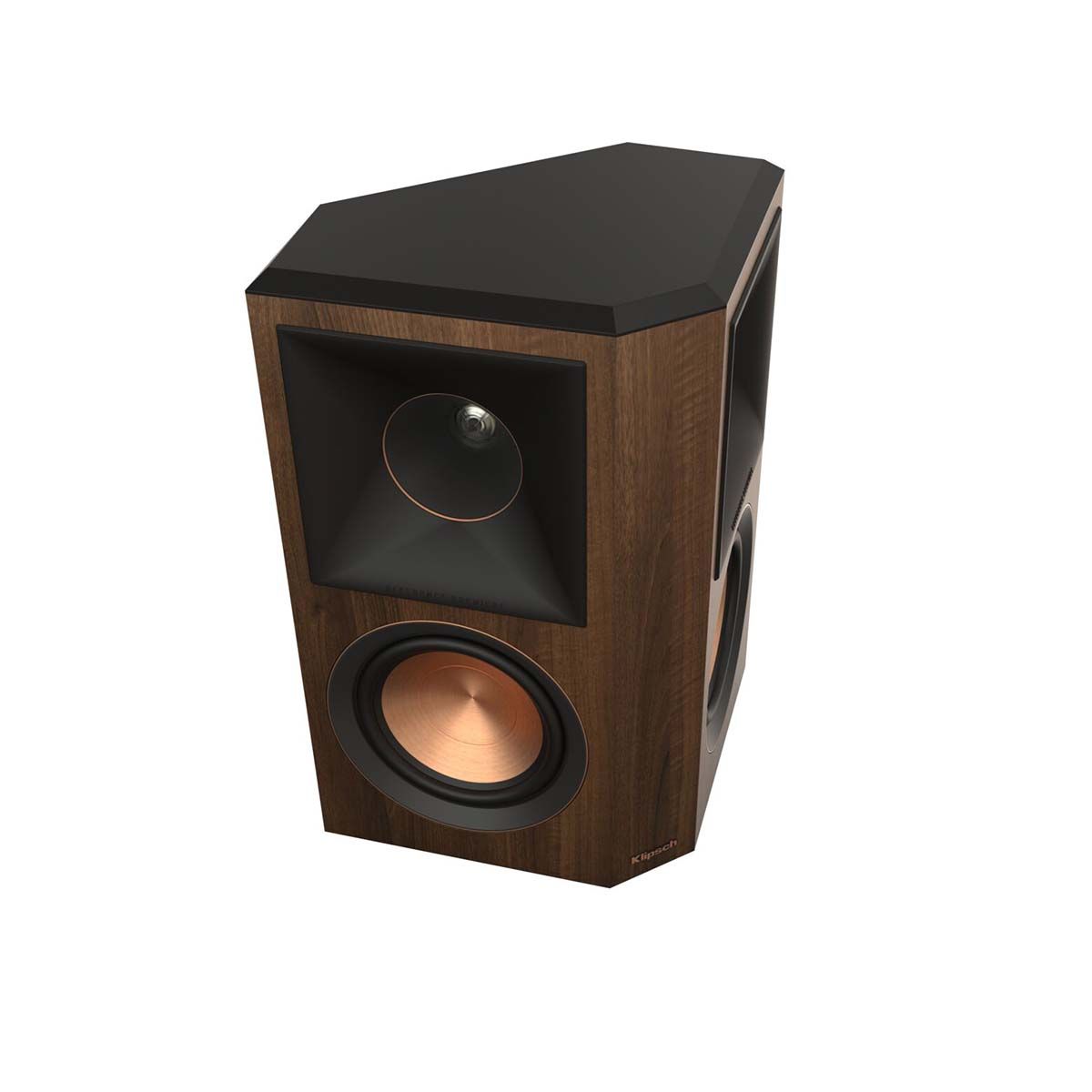 Klipsch RP-502S II Surround Speakers - Walnut - angled view of single without grill