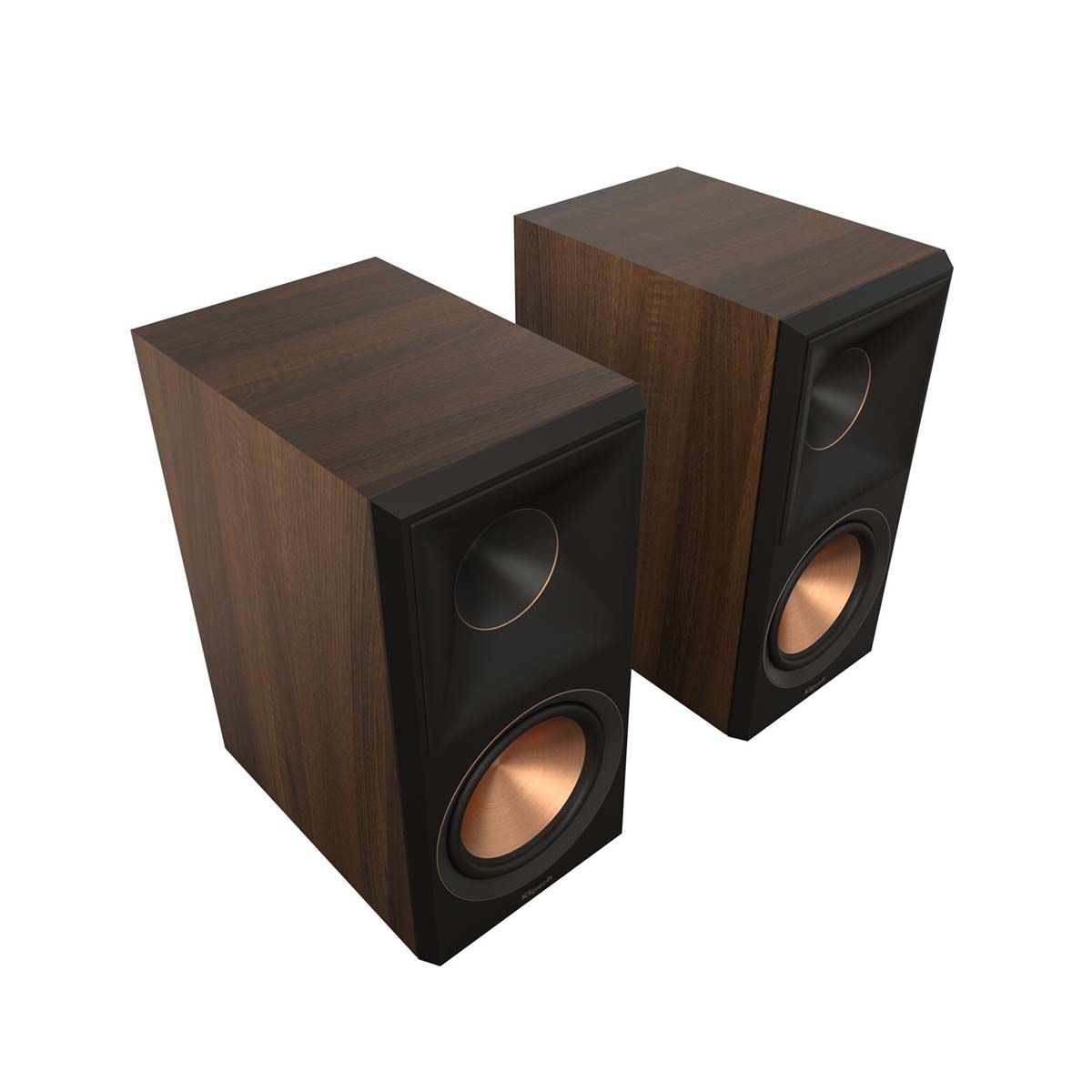 Klipsch RP-600M II Bookshelf Speakers - Walnut - Pair - angled front view of pair without grills