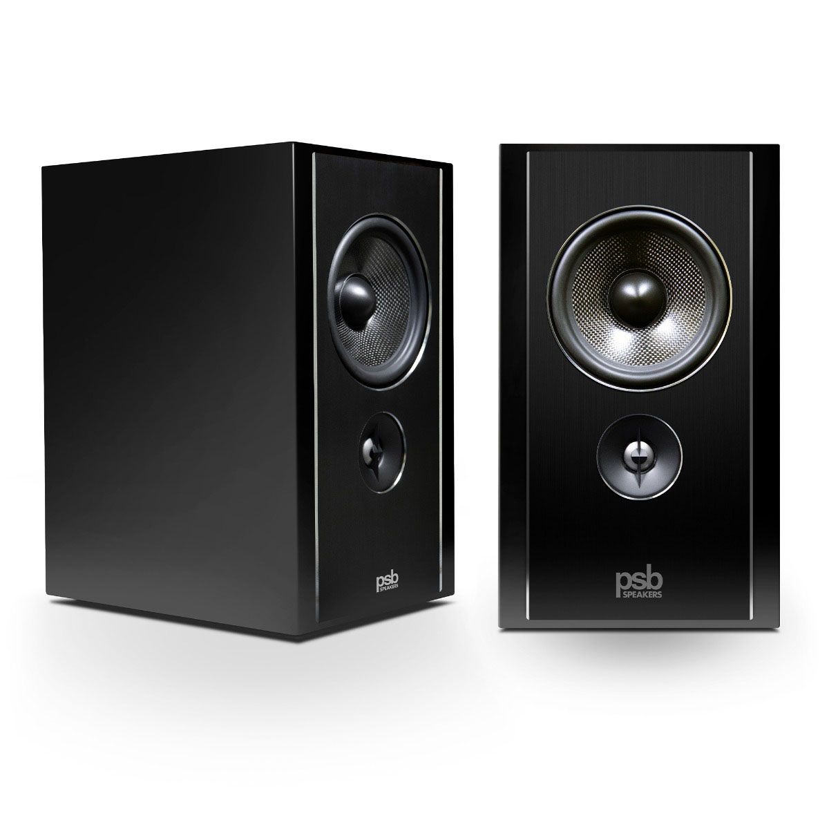 PSB Synchrony B600 Premium Bookshelf Speaker - gloss black pair - angled and straight front views