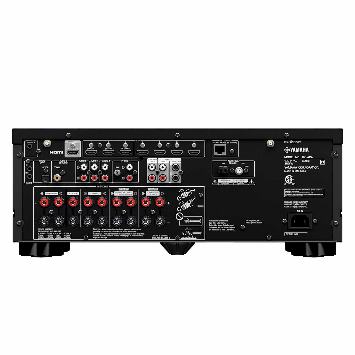 Yamaha Aventage RX-A2A A/V Home Theater Receiver, Black, back panel view