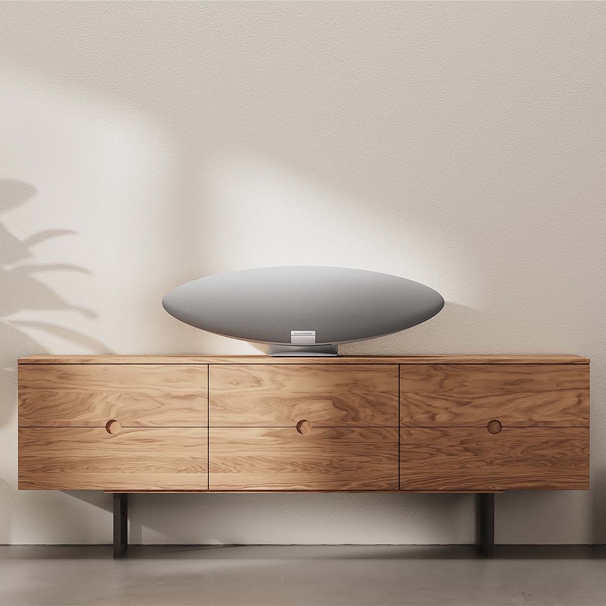 Bowers & Wilkins Zeppelin Wireless Speaker System, Pearl Gray, on light colored media stand
