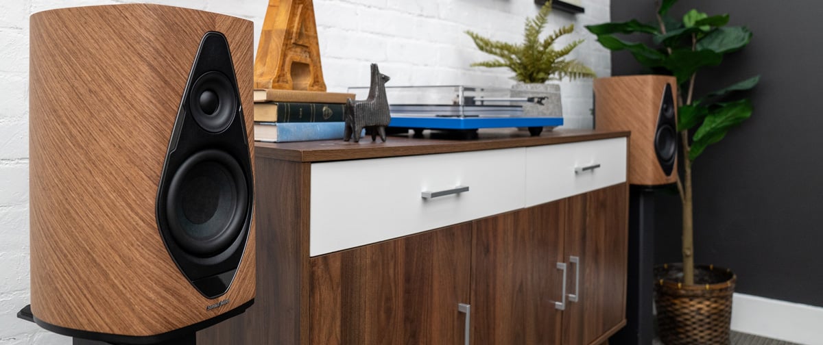 Sonus Faber Duetto all-in-one powered speaker pair on stands in walnut
