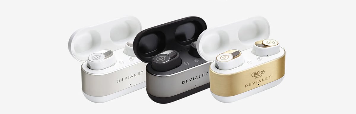 Devialet Gemini II Headphone in Iconic White, Matte Black, and Opéra de Paris inside open cases