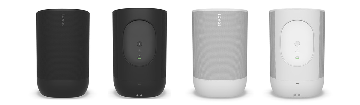 Front and back view of Sonos Move 2 in black and white