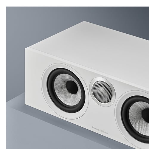 White B&W HTM6 S3 Speakers on table