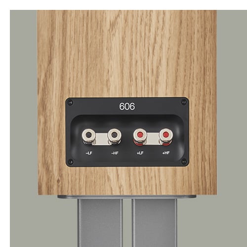 Rear photo of oak 606 S3 showing upgraded speaker terminals