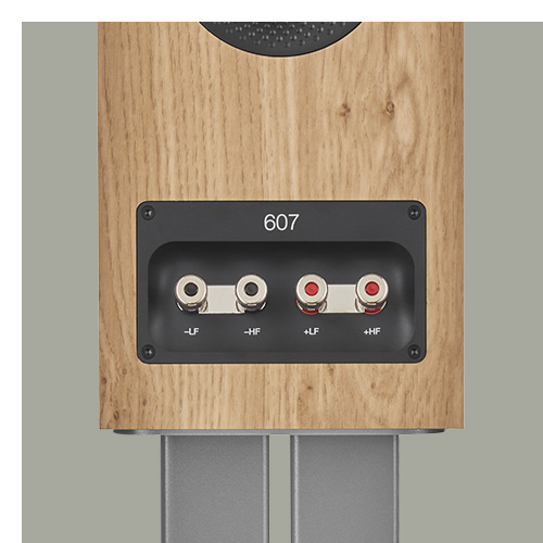Rear photo of oak 607 S3 showing upgraded speaker terminals