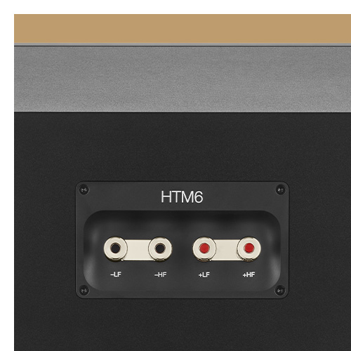 Rear photo of HTM6 S3 showing upgraded speaker terminals
