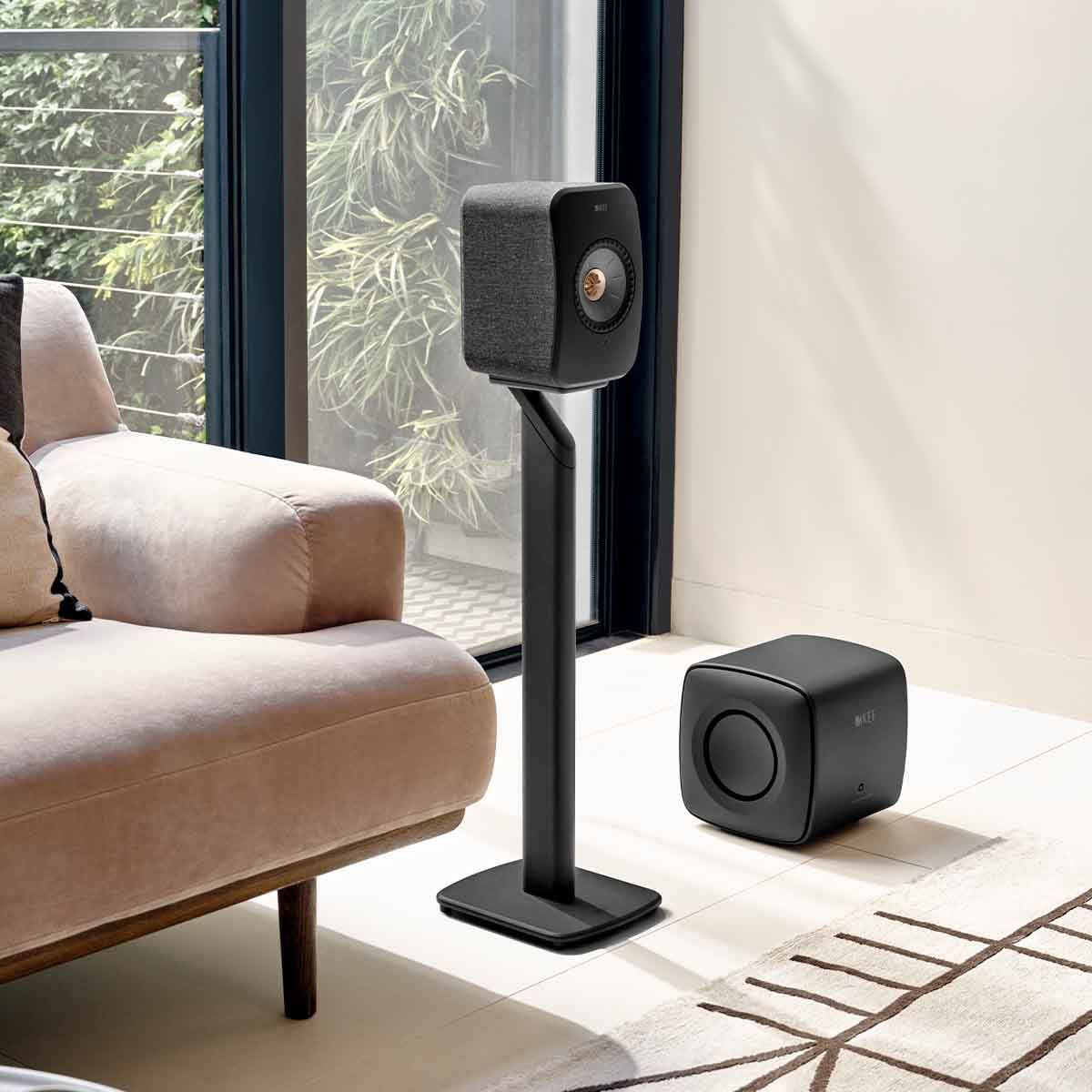 KEF LSX II Wireless HiFi Speakers - on floor stand with subwoofer