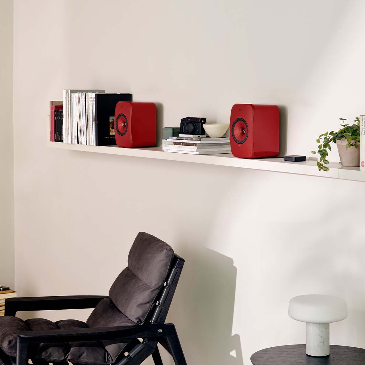 KEF LSX II Wireless HiFi Speakers - on shelf in listening room
