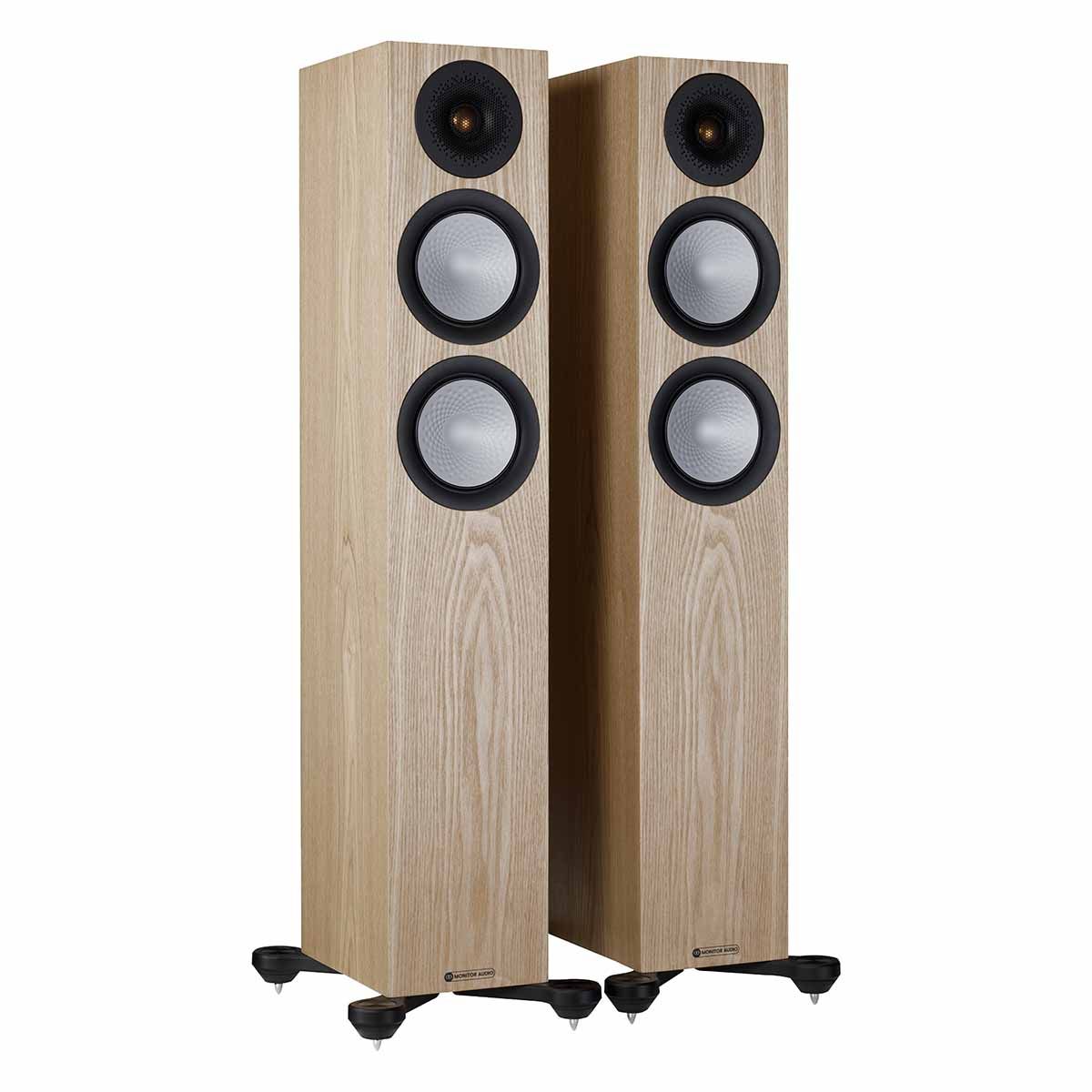 Monitor Audio Silver 200 7G Floorstanding Speakers, Ash, front angle with both grilles off
