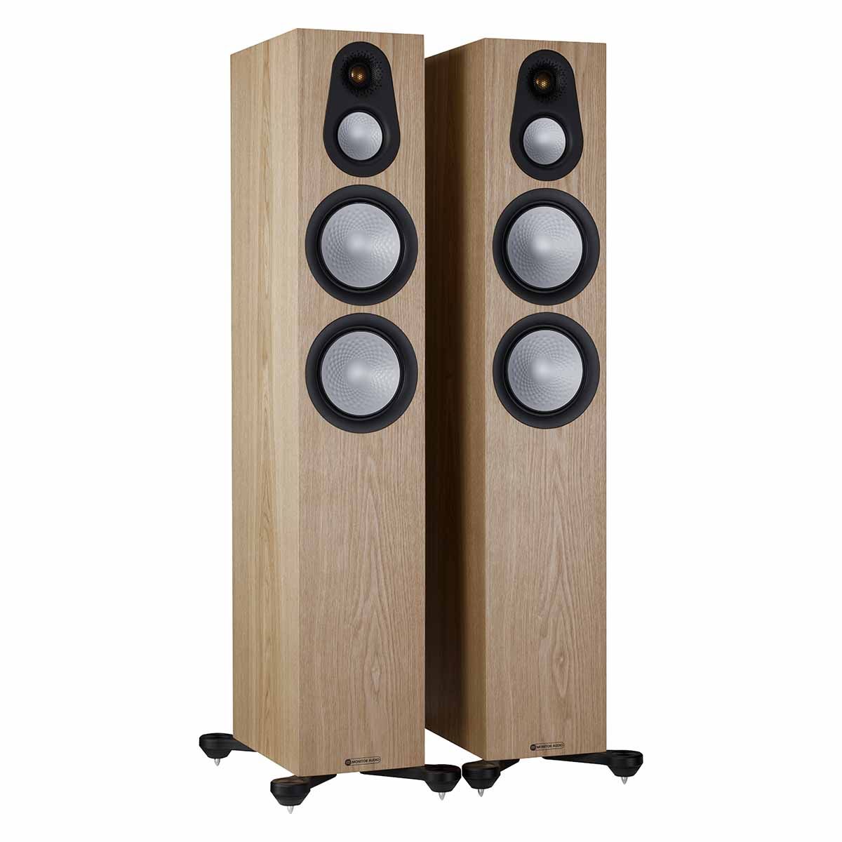 Monitor Audio Silver 300 7G Floorstanding Speakers, Ash, front angle with both grilles off