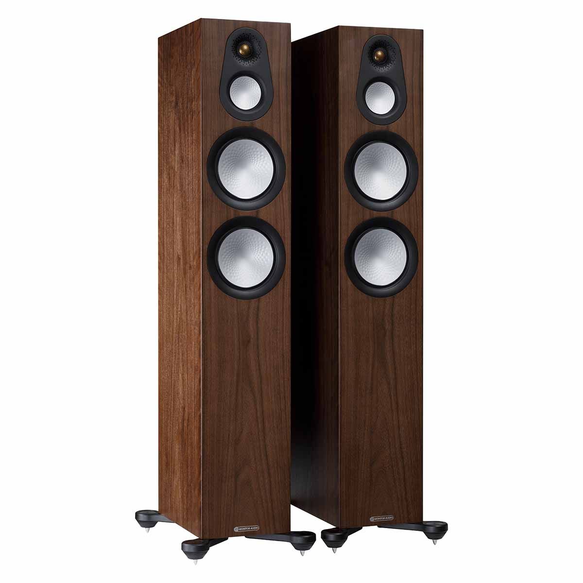 Monitor Audio Silver 300 7G Floorstanding Speakers, Natural Walnut, front angle with both grilles off