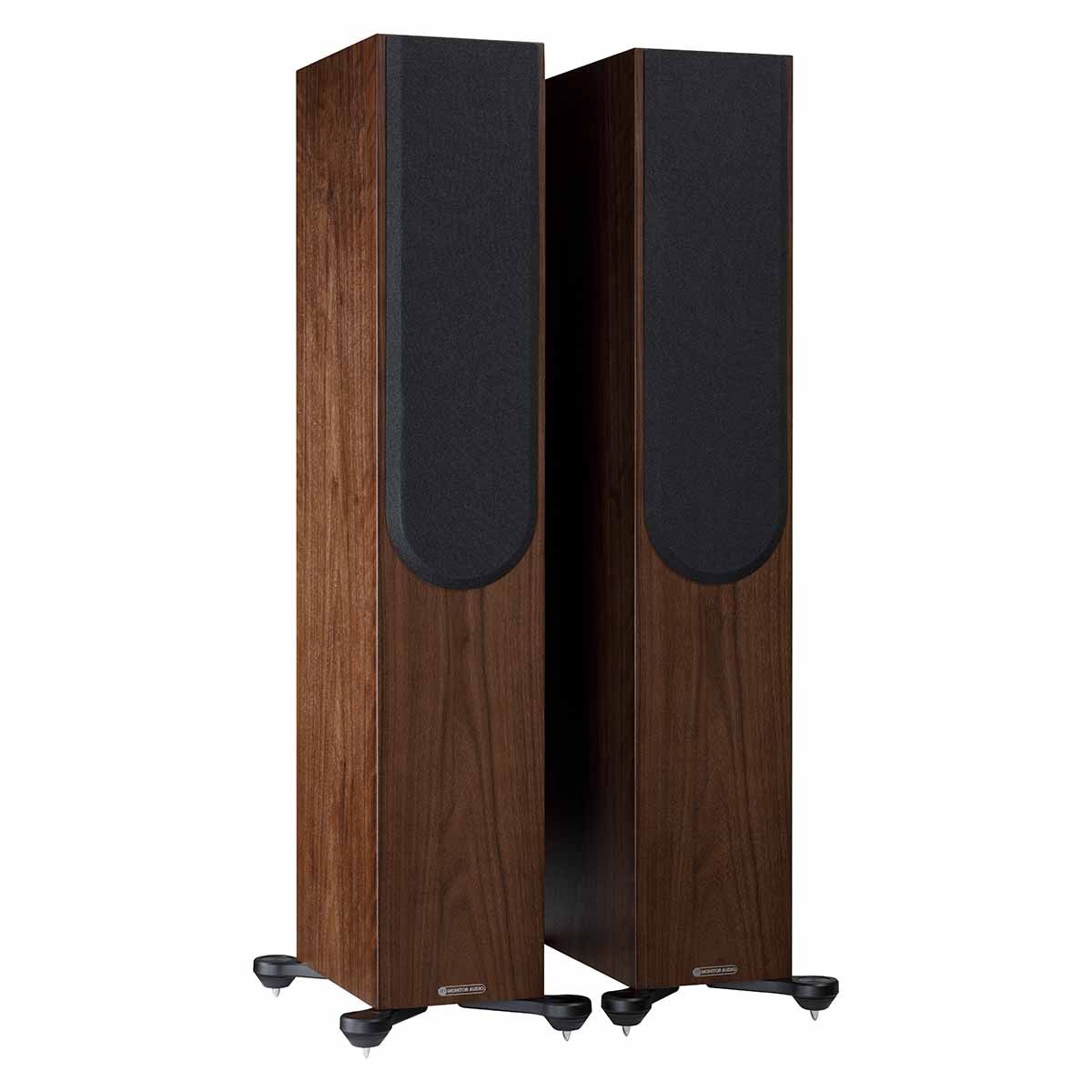 Monitor Audio Silver 200 7G Floorstanding Speakers, Natural Walnut, front angle with both grilles off