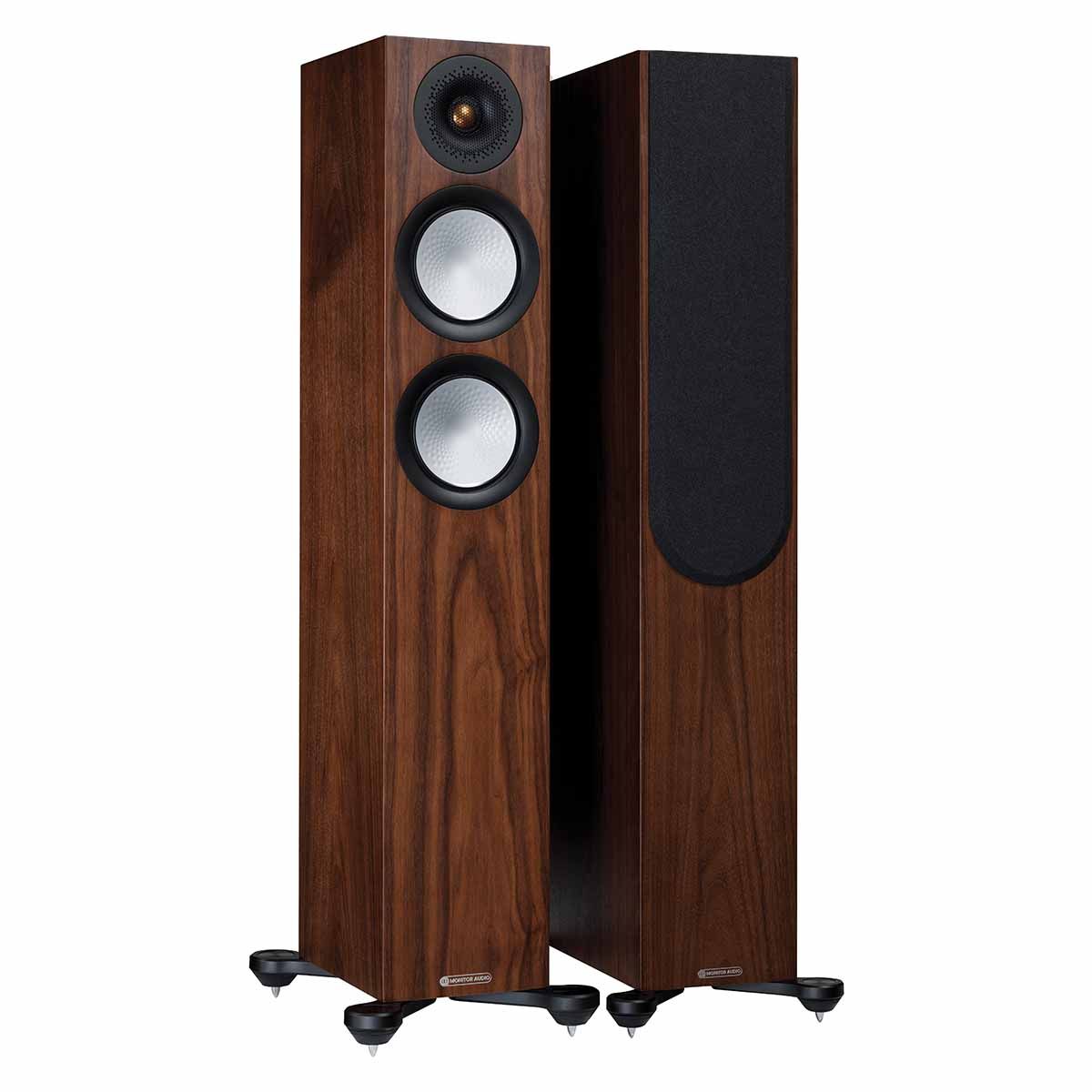 Monitor Audio Silver 200 7G Floorstanding Speakers, Natural Walnut, front angle with one grille on and one grille off