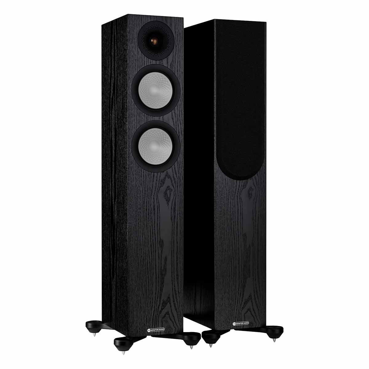 Monitor Audio Silver 200 7G Floorstanding Speakers, Black Oak, front angle with one grille on and one grille off
