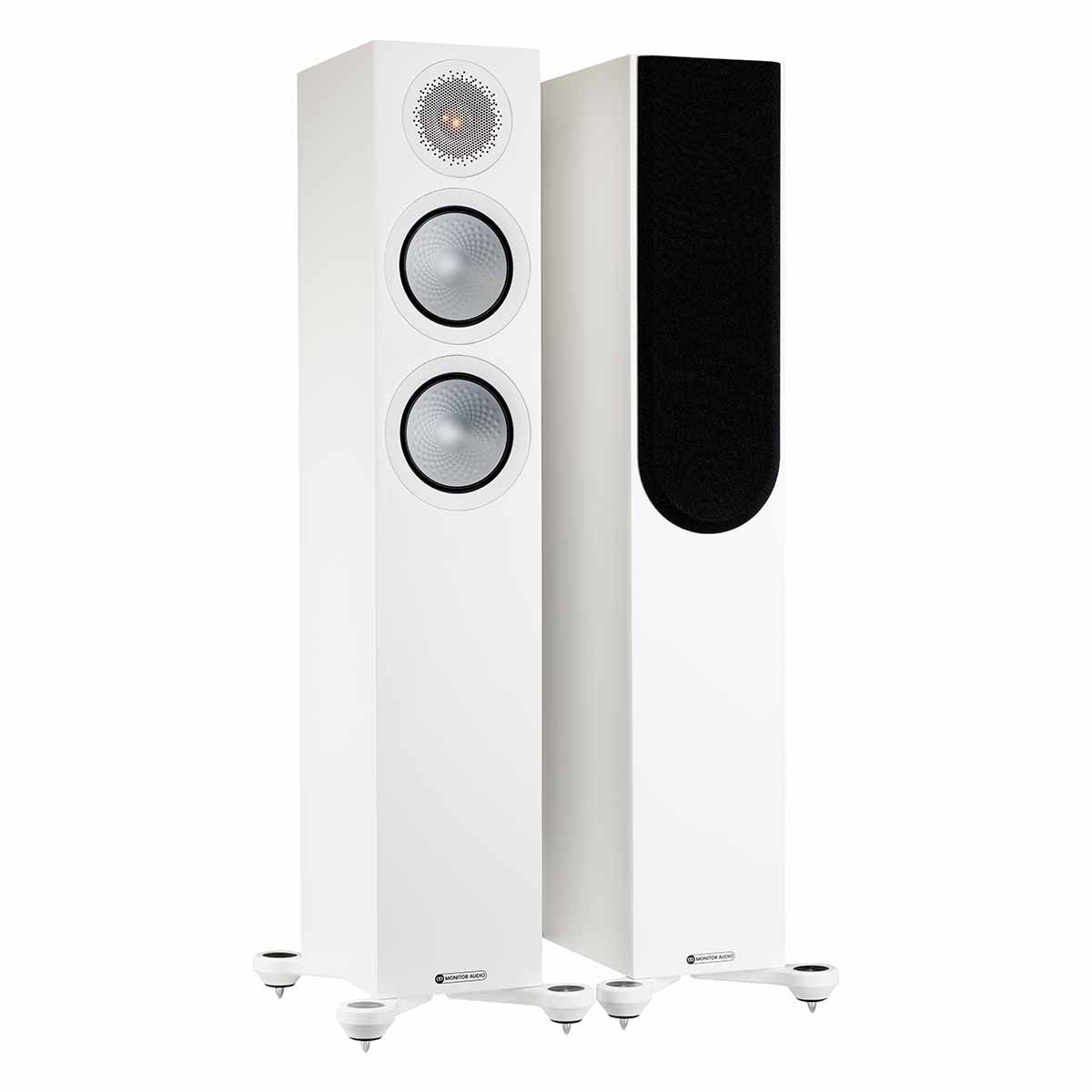 Monitor Audio Silver 200 7G Floorstanding Speakers, Satin White, front angle with one grille on and one grille off