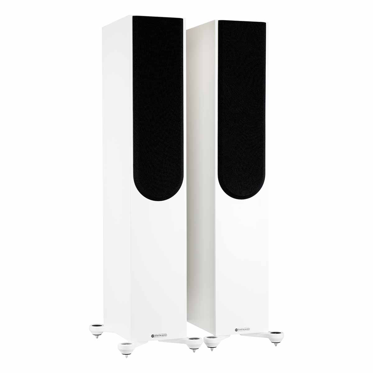 Monitor Audio Silver 300 7G Floorstanding Speakers, Satin White, front angle with both grilles on