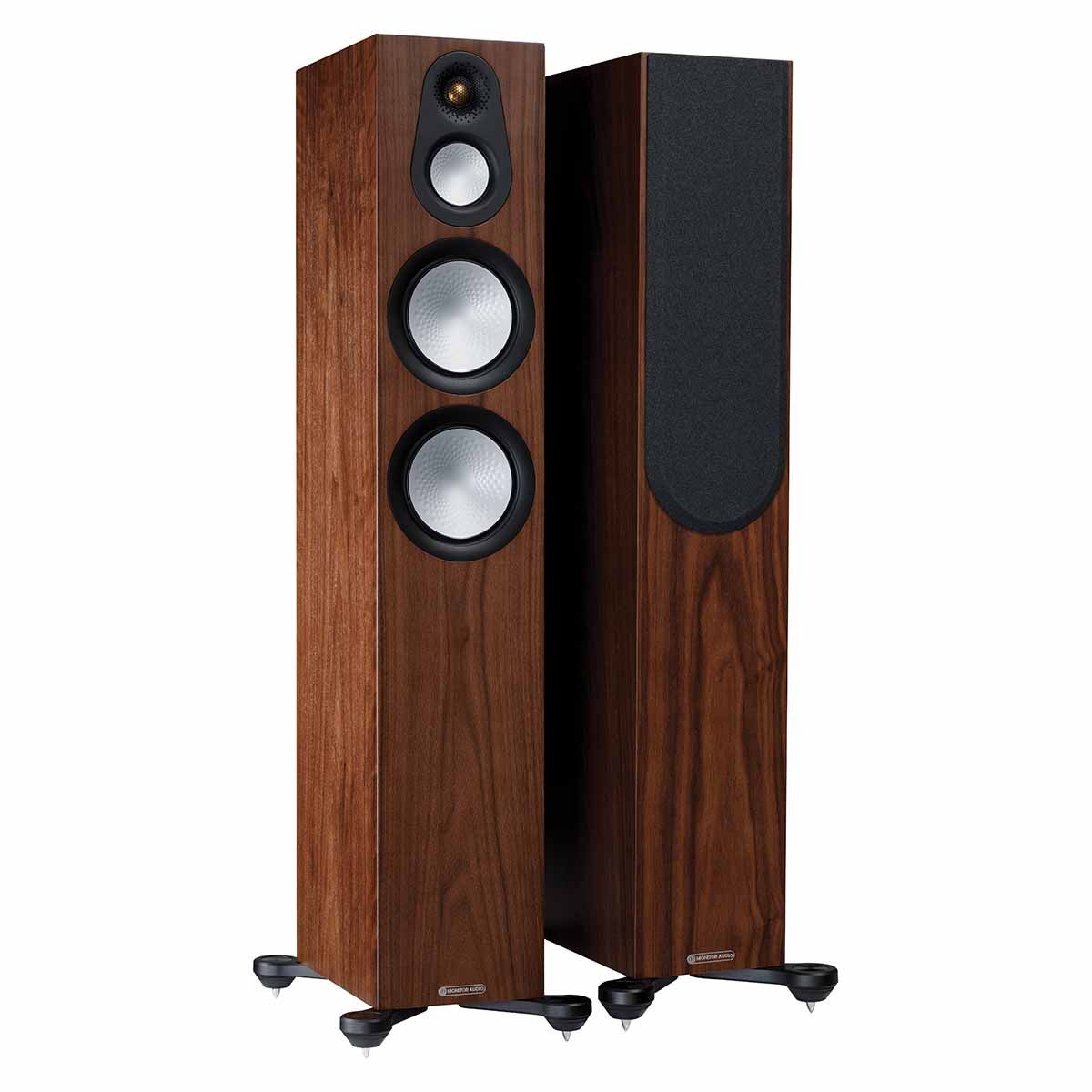 Monitor Audio Silver 300 7G Floorstanding Speakers, Natural Walnut, front angle with one grille on and one grille off