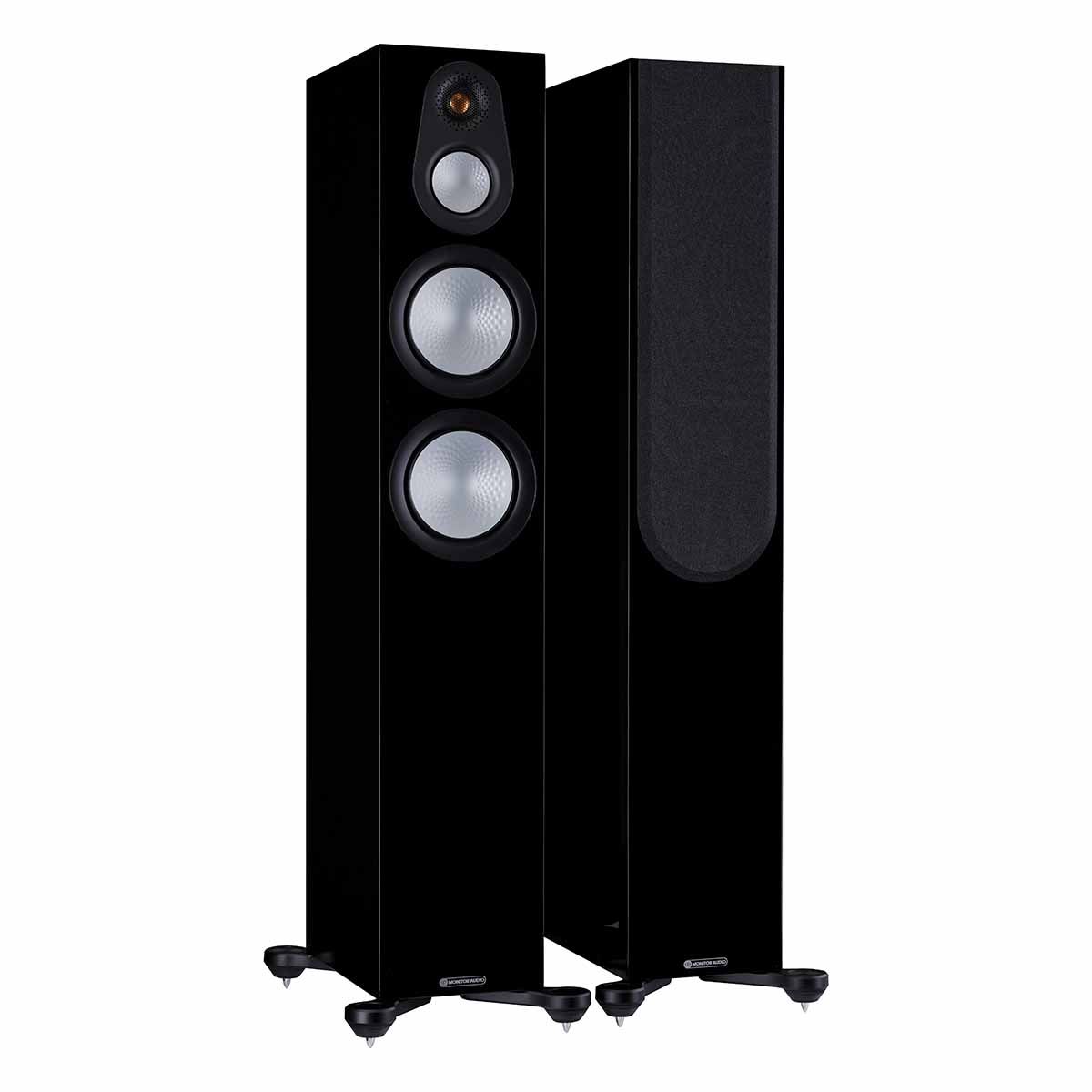 Monitor Audio Silver 300 7G Floorstanding Speakers, High Gloss Black, front angle with one grille on and one grille off
