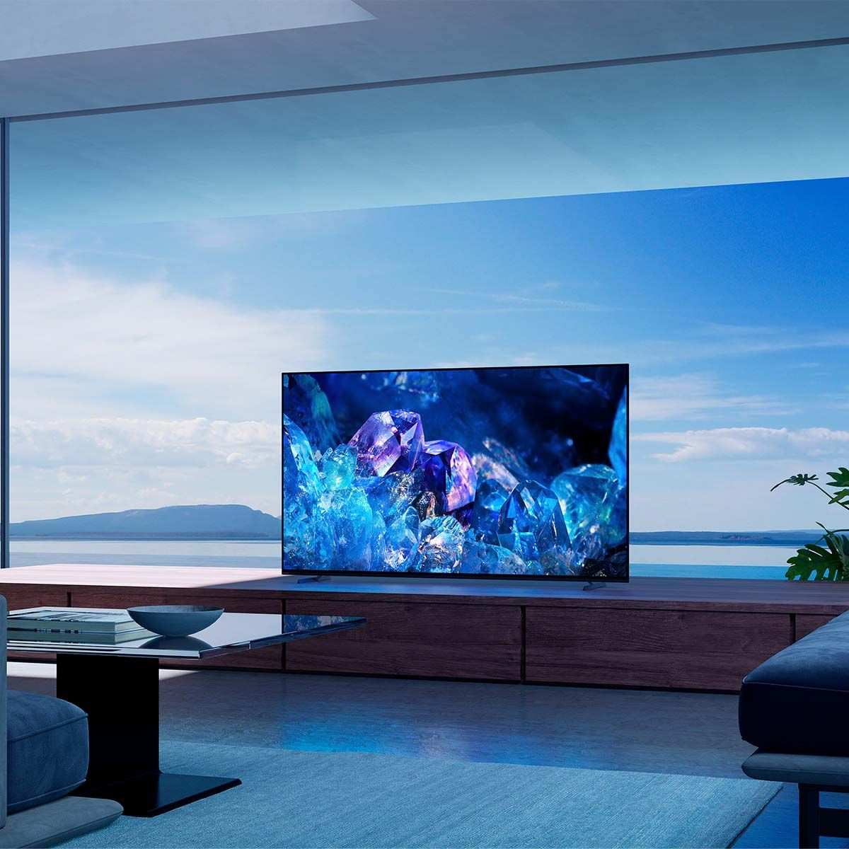 Sony BRAVIA XR A80K 4K HDR OLED Television, on a media stand in front of a large window with an aquatic view