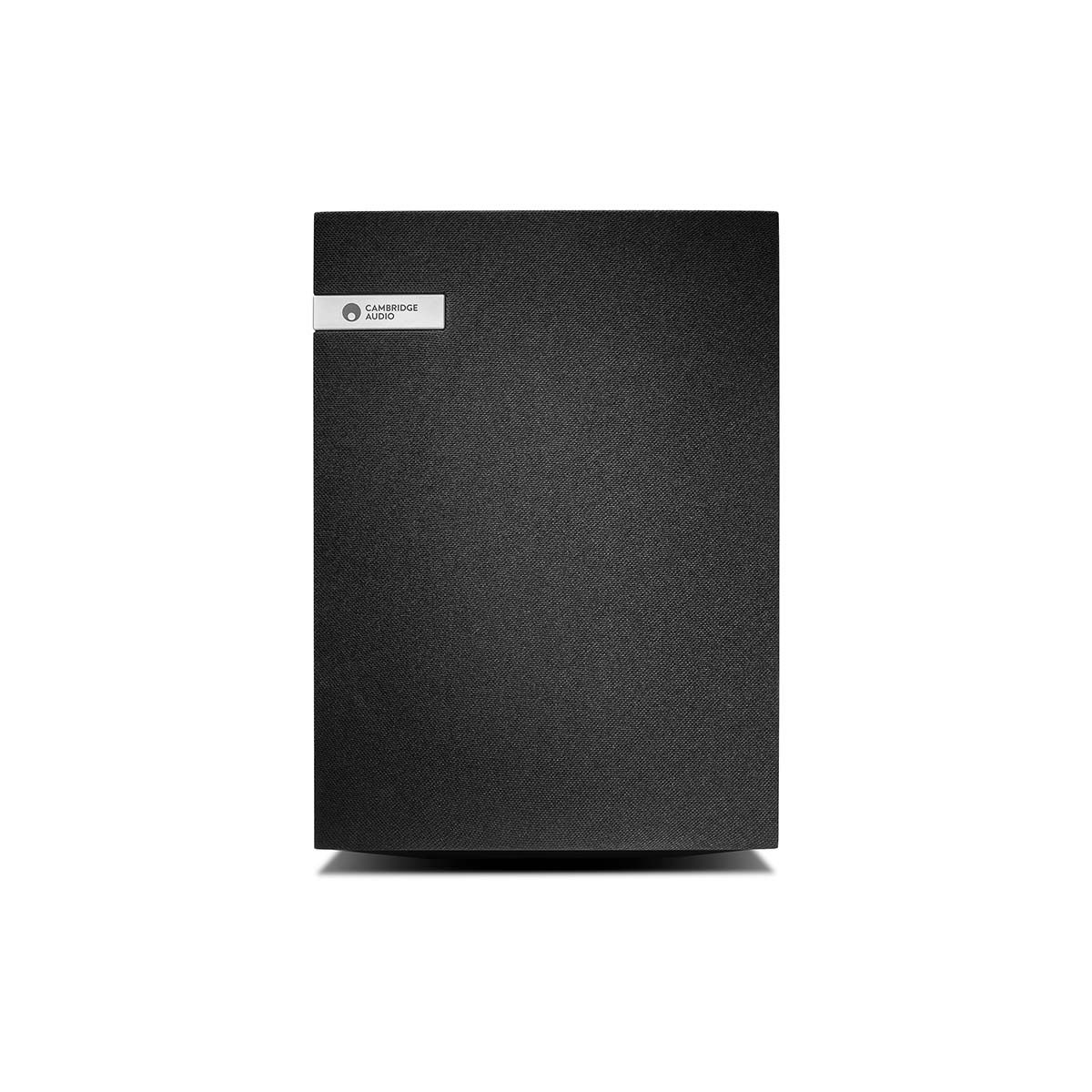 Cambridge Audio EVO S Bookshelf Speakers, black, front view with grille