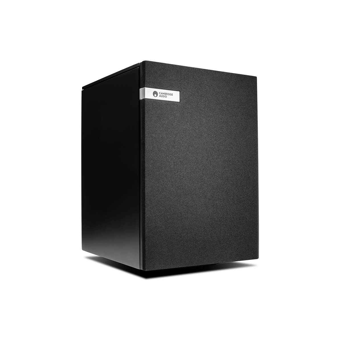 Cambridge Audio EVO S Bookshelf Speakers, black, front angle view with grille