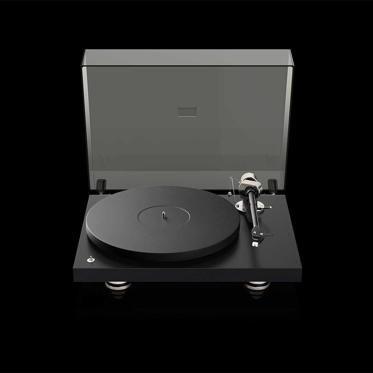 Pro-Ject Debut PRO Turntable, Satin Black, front top view with dustcover attached on black background