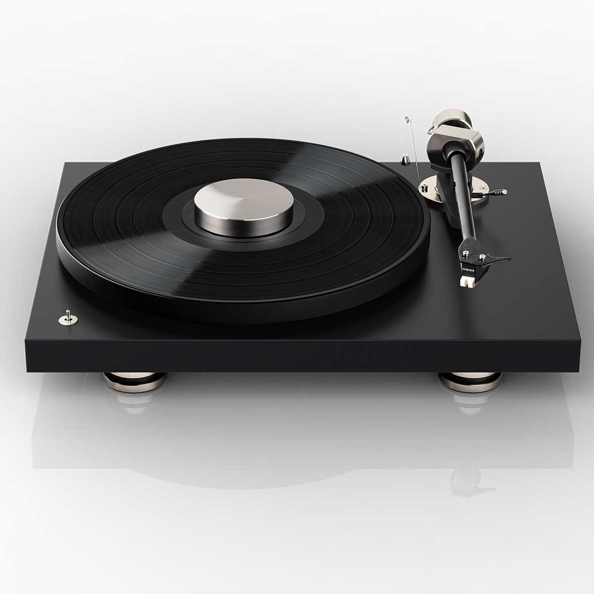 Pro-Ject Debut PRO Turntable, Satin Black, front top view with record and record puck