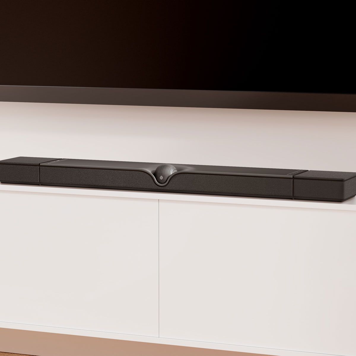 Devialet Dione Dolby Atmos Soundbar, on a media console in horizontal configuration