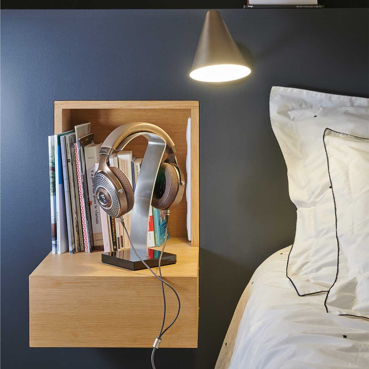 Focal Clear Mg Headphones, on bedside table headphone stand
