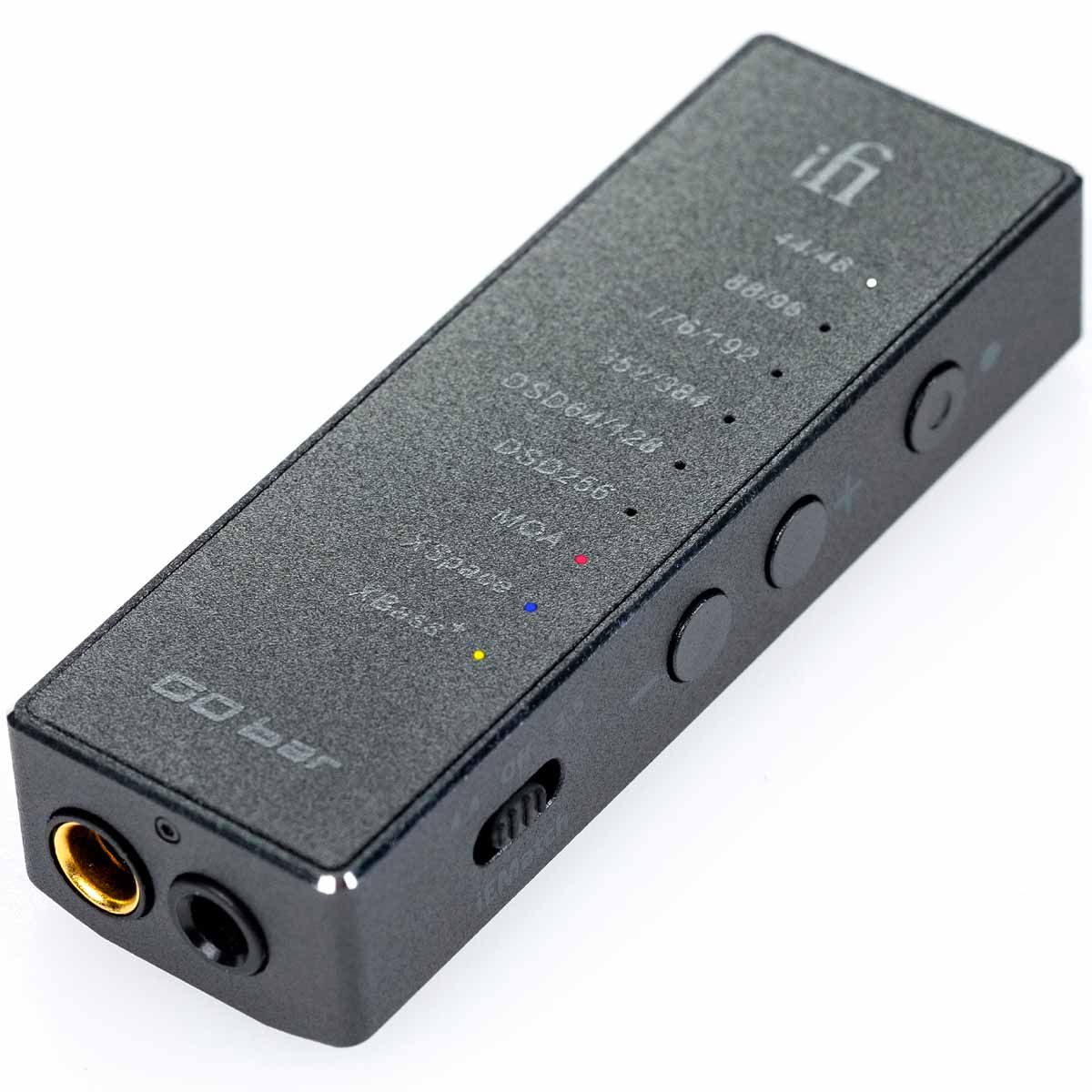 iFi GO Bar Portable Headphone Amp & DAC - angled view with outputs